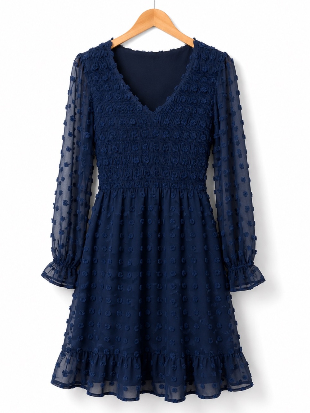 Navy Swiss Dot Mini Dress Sheer Long Sleeve Smocked Dress M